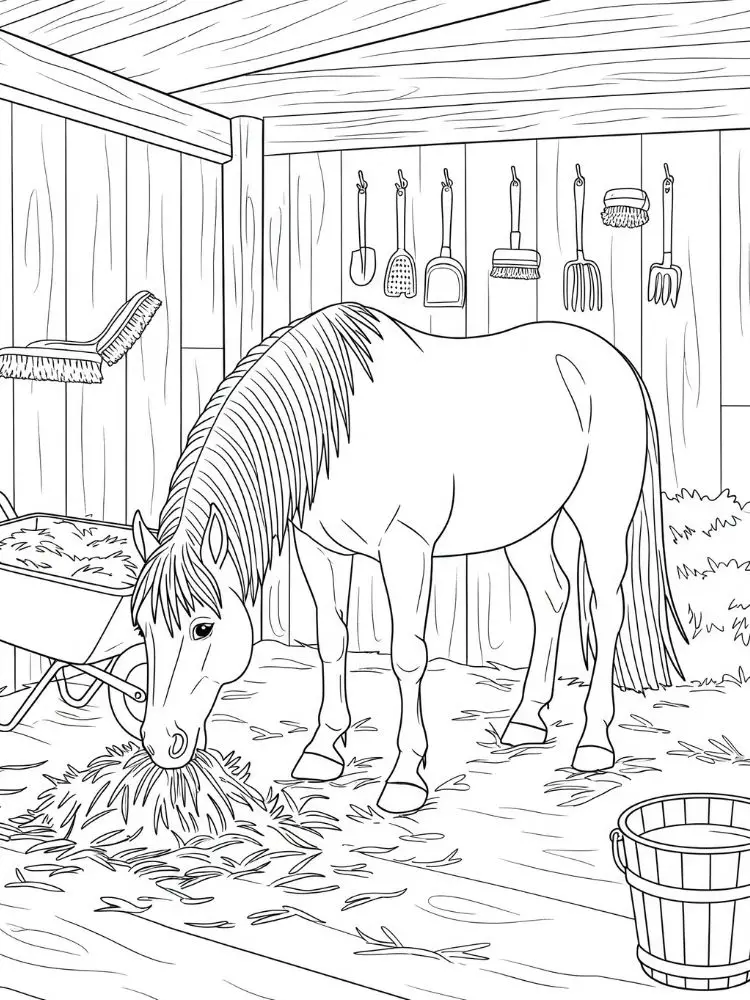 Kleurplaat Boerderij 13 paard in de stal met hooi kleurplaat