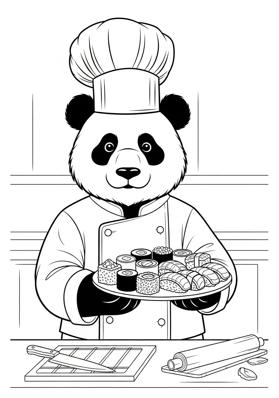 panda sushi chef kleurplaat