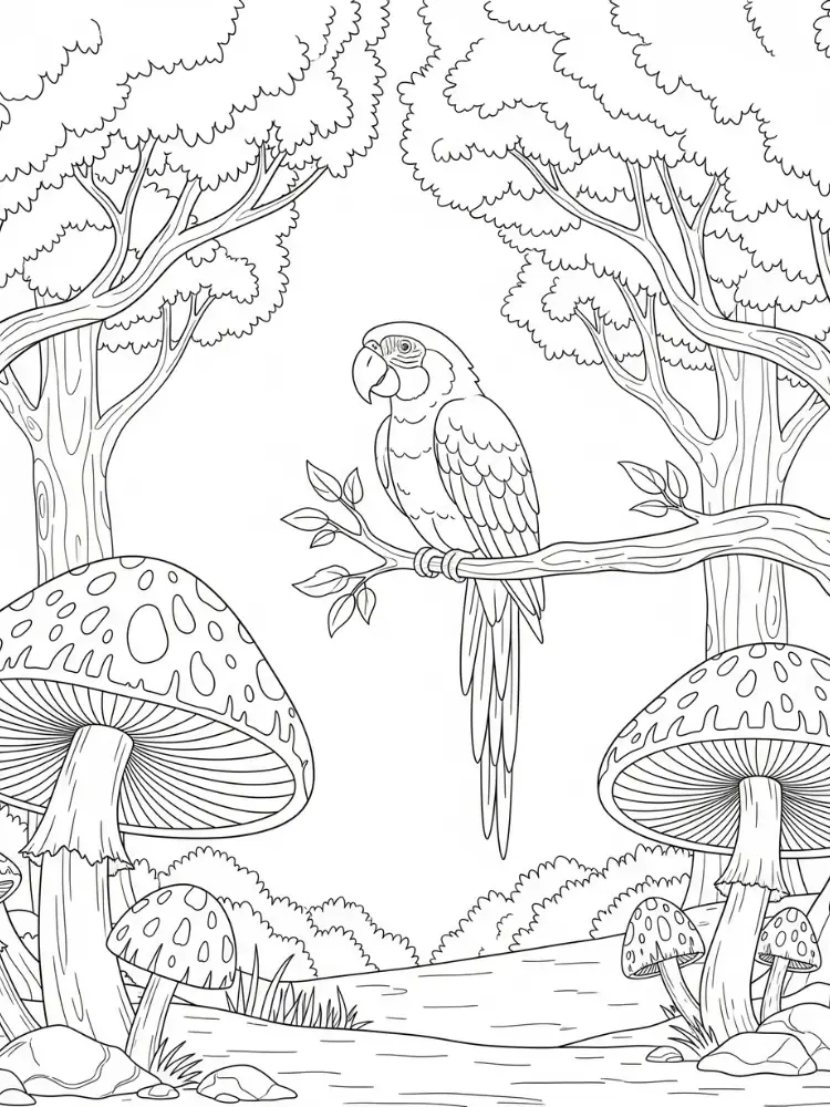 Papegaai Kleurplaat 25 papegaai in sprookjesbos met paddenstoelen kleurplaat