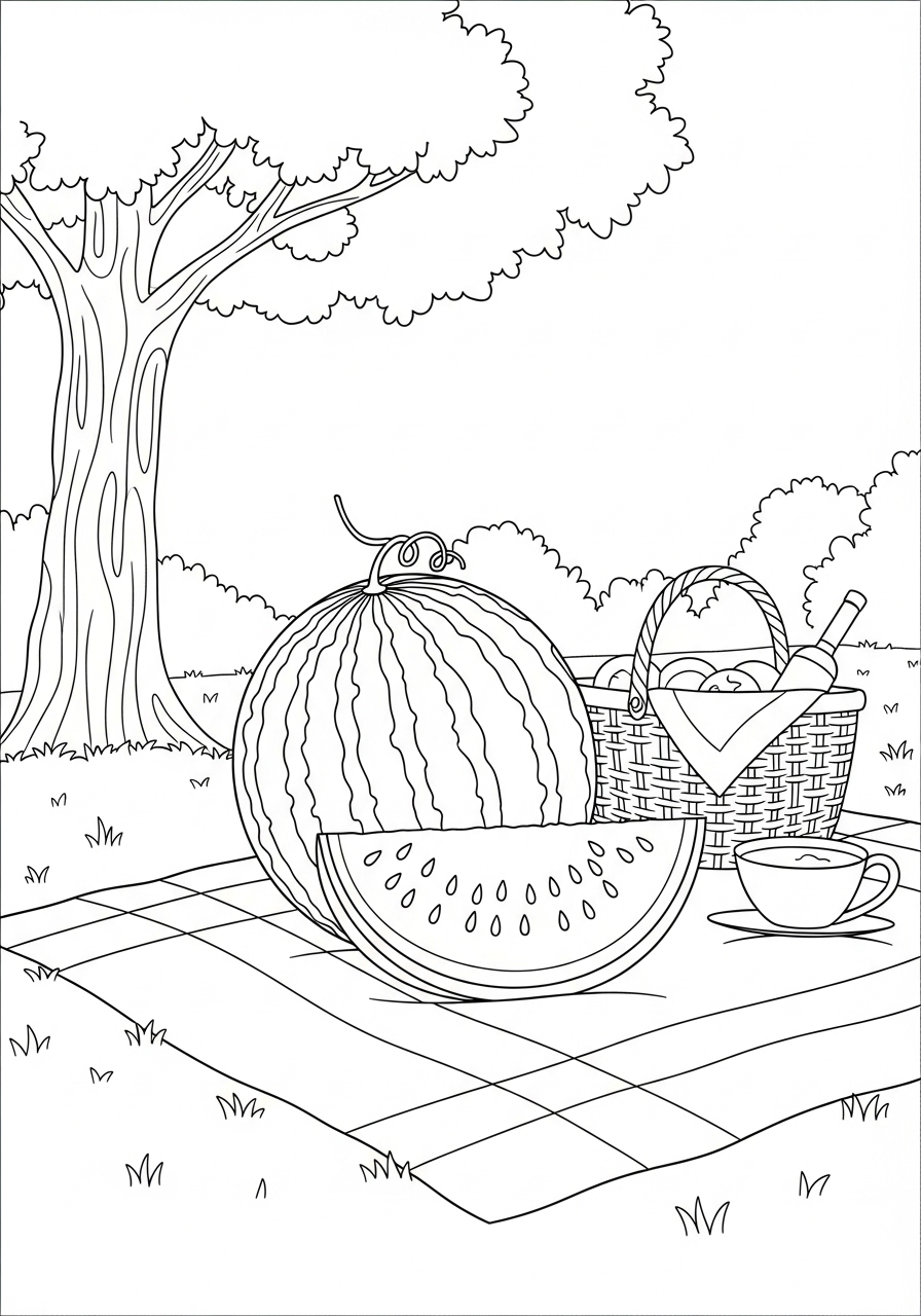 picknick met watermeloen kleurplaat