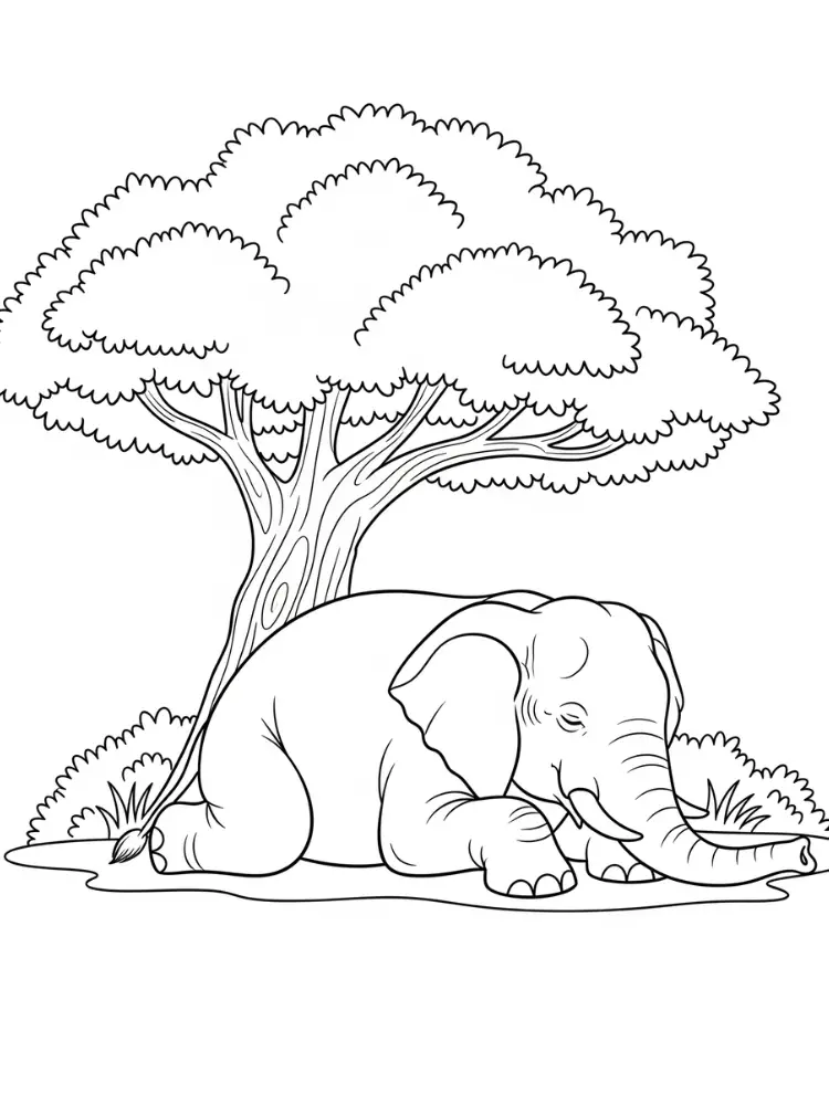 Olifant Kleurplaat 16 slapende olifant onder boom kleurplaat