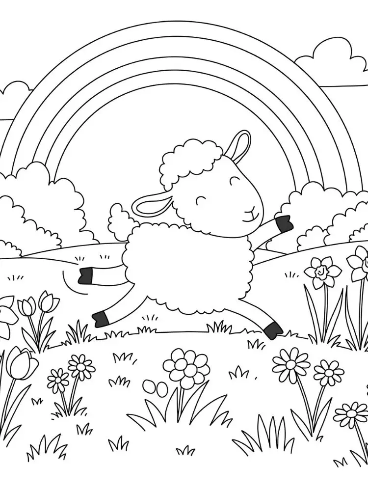 Kleurplaat Boerderij 12 springend schaap met regenboog en bloemen kleurplaat