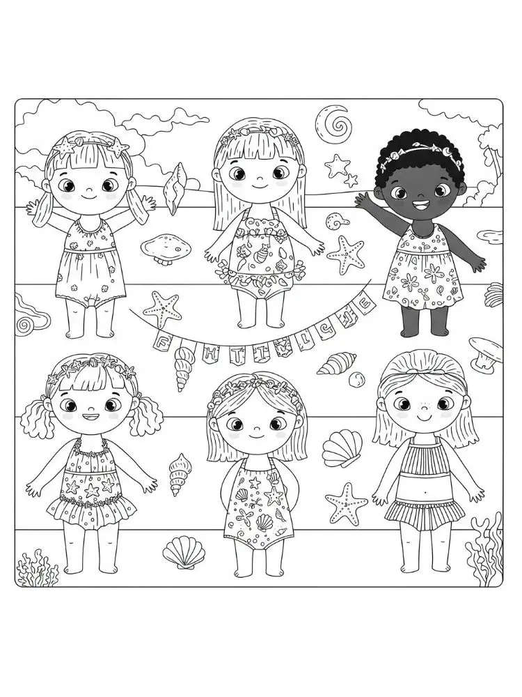 Badpak kleurplaat 10 strandfeest met meisjes in zomerkleding kleurplaat
