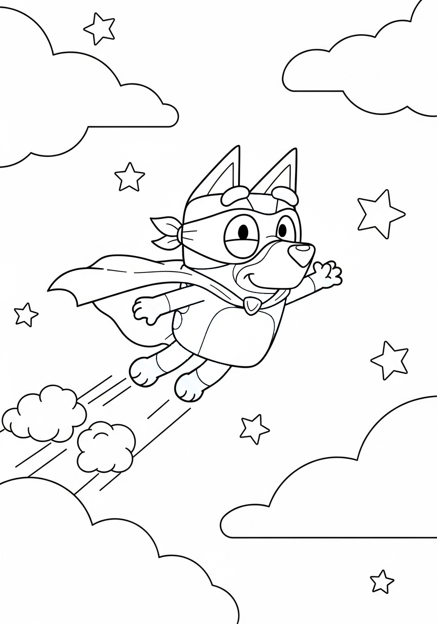 Bluey kleurplaat 9 superheld bluey vliegt door de lucht kleurplaat