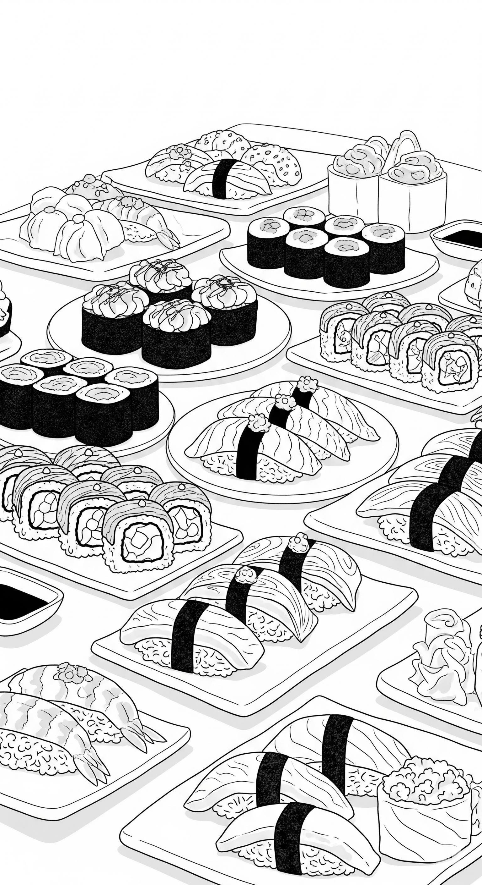 Sushi Kleurplaat 20 sushi buffet op schalen kleurplaat