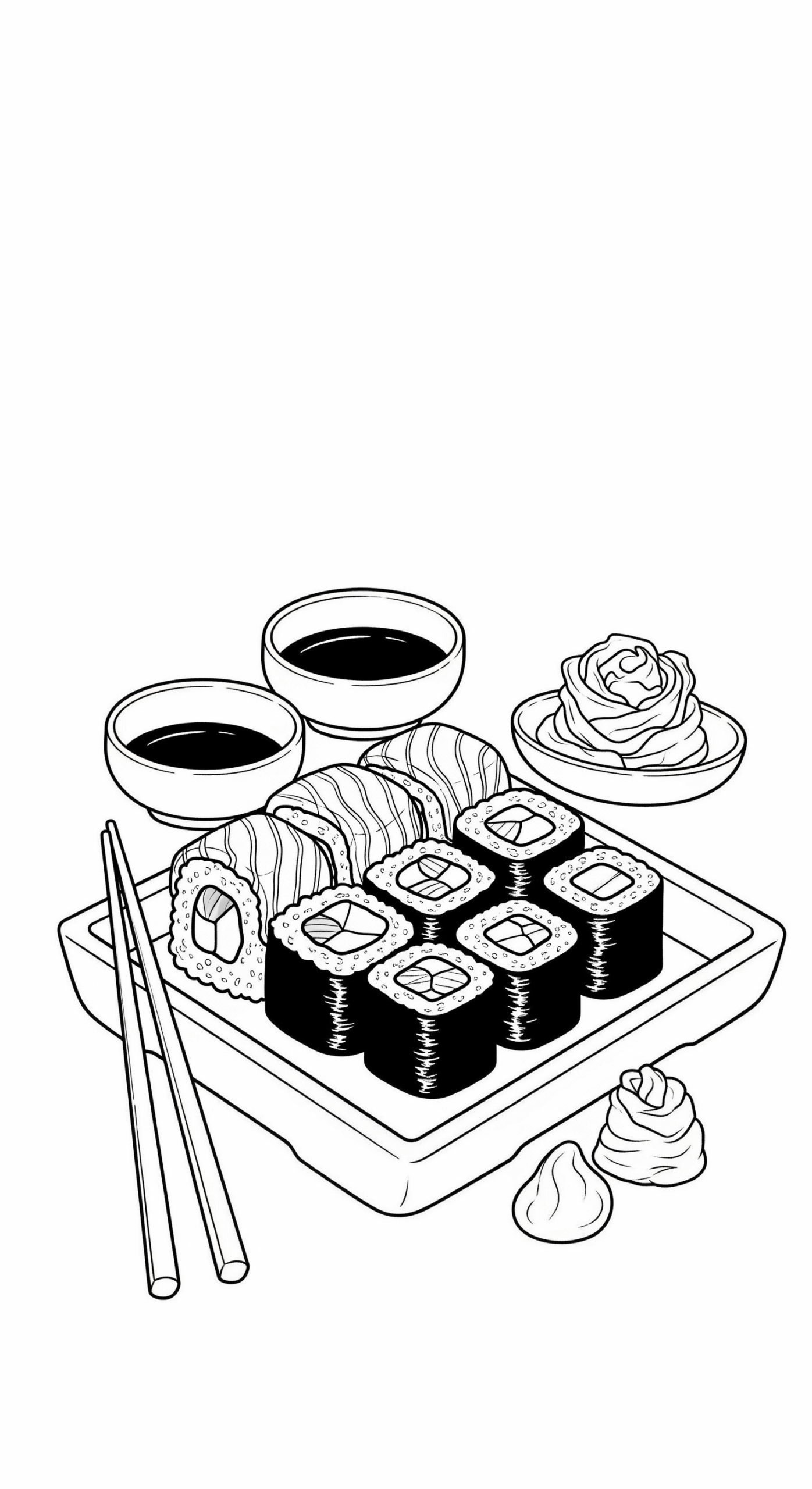 Sushi Kleurplaat 13 sushi set met sojasaus en wasabi kleurplaat