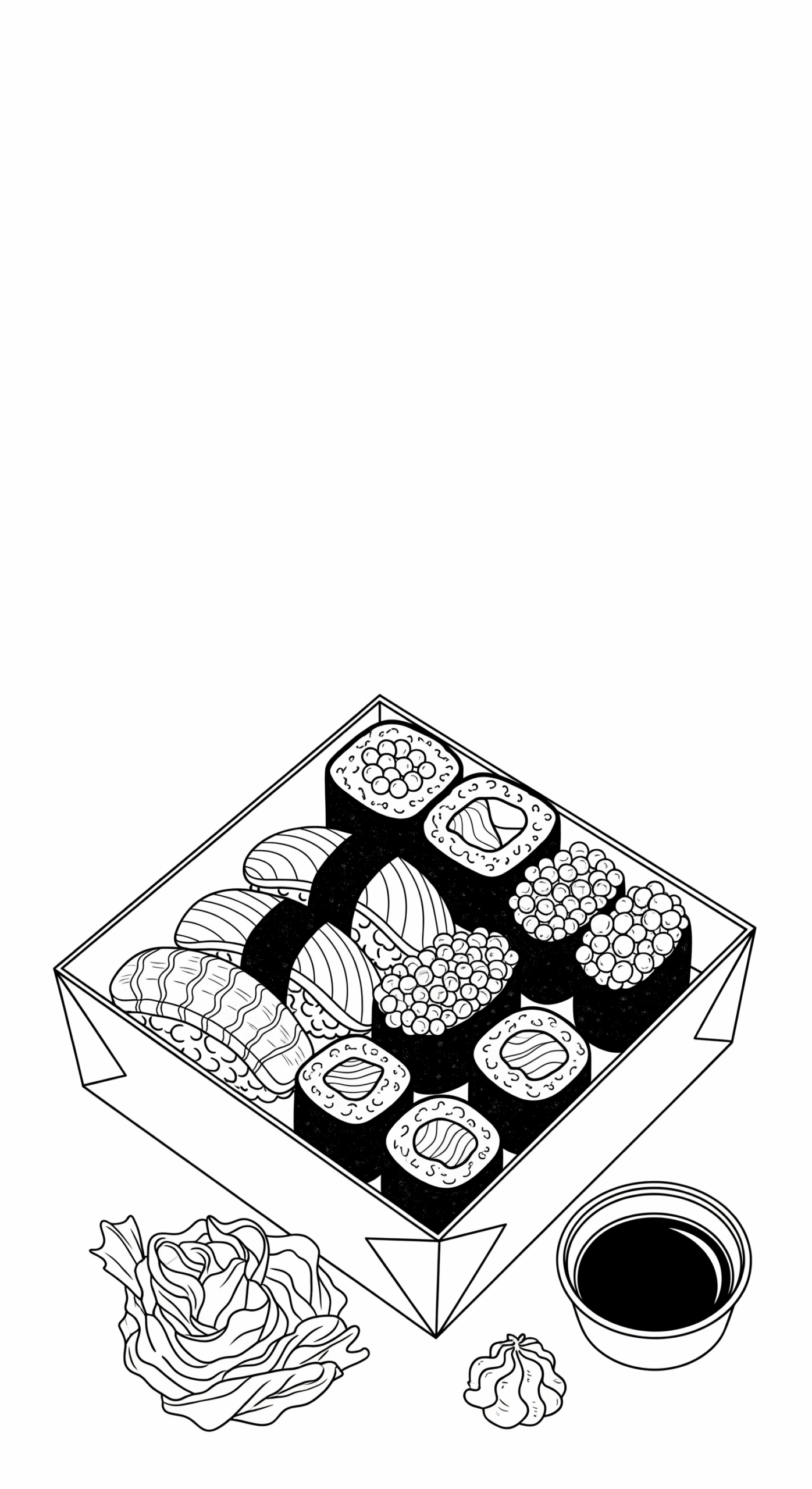 Sushi Kleurplaat 19 sushidoos met sojasaus en gember kleurplaat
