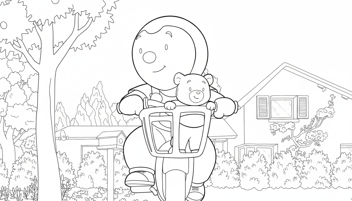 tchoupi op de fiets met zijn knuffelbeer kleurplaat