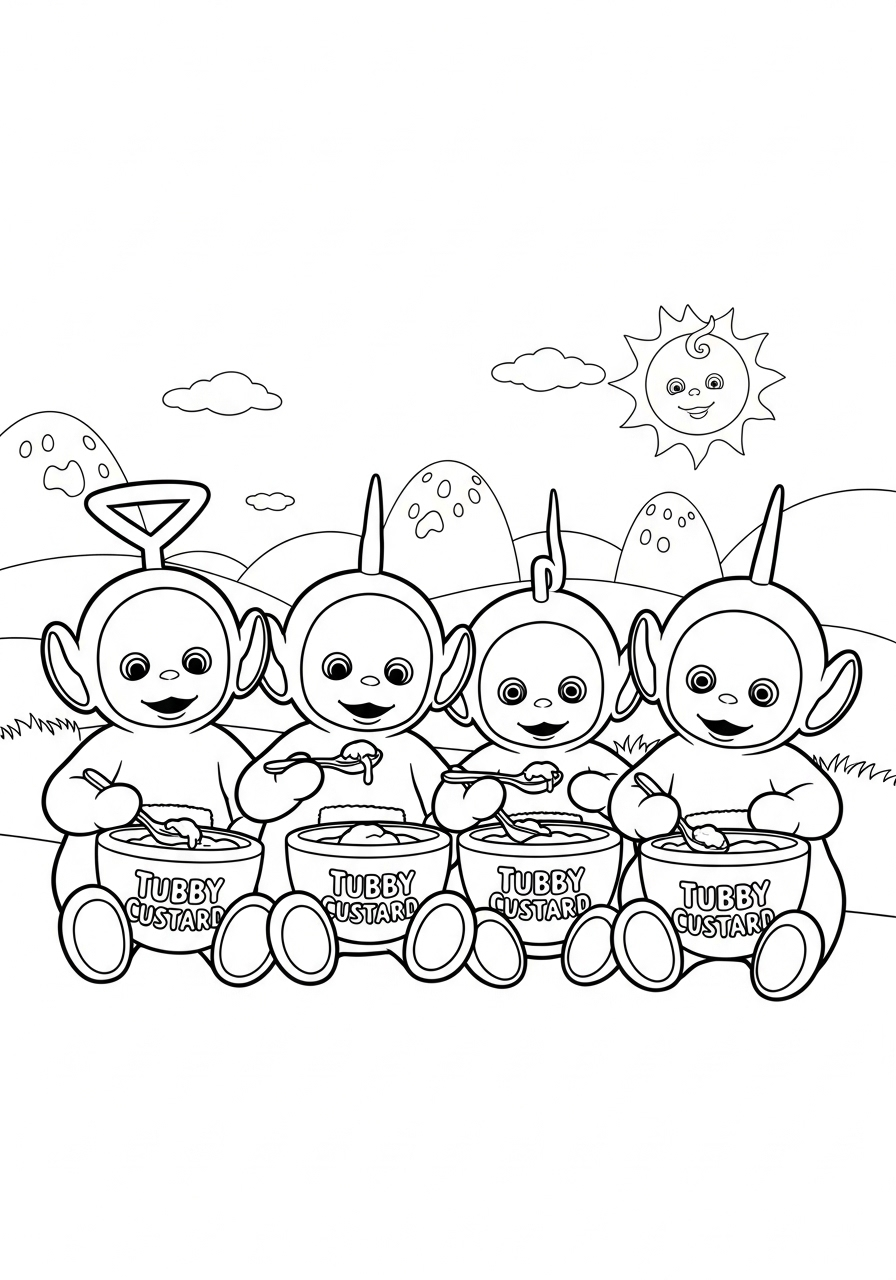 Teletubbies kleurplaat 8 teletubbies eten tubby custard kleurplaat