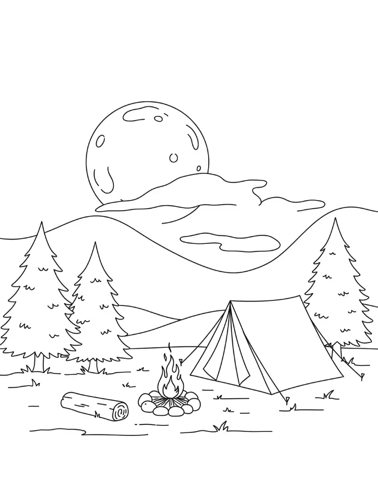 kleurplaat kamperen 11 tent en kampvuur bij volle maan kleurplaat