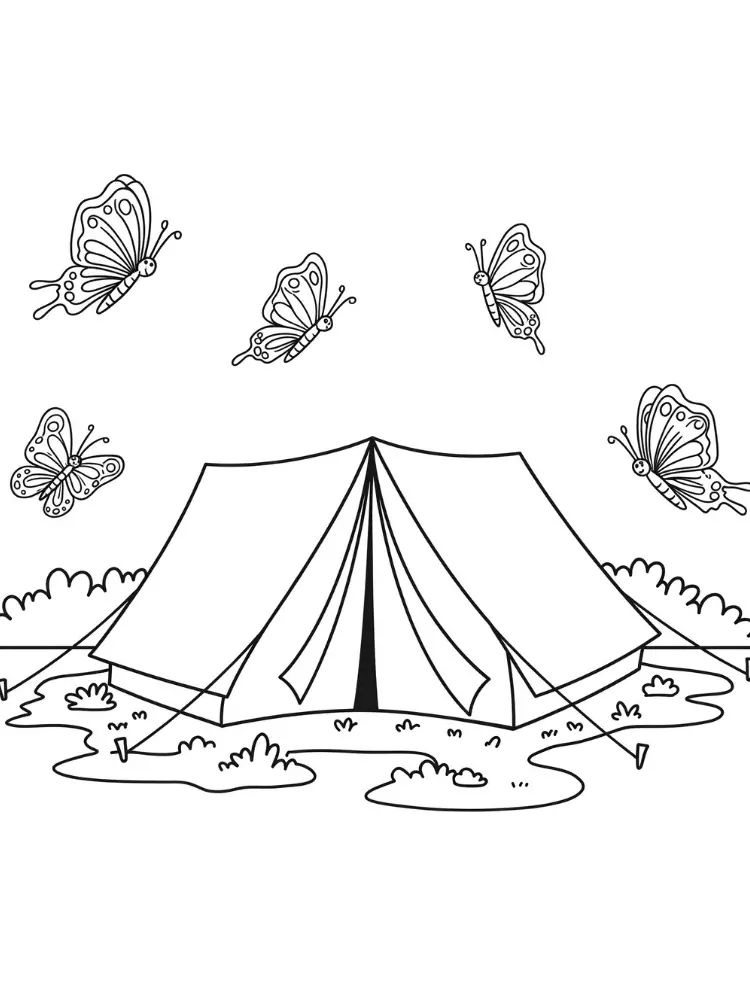 kleurplaat kamperen 10 tent met vlinders op kampeerplek kleurplaat