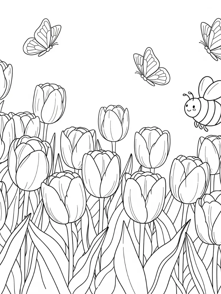 Kleurplaat Lente 9 tulpenveld met vlinders en bij Kleurplaat
