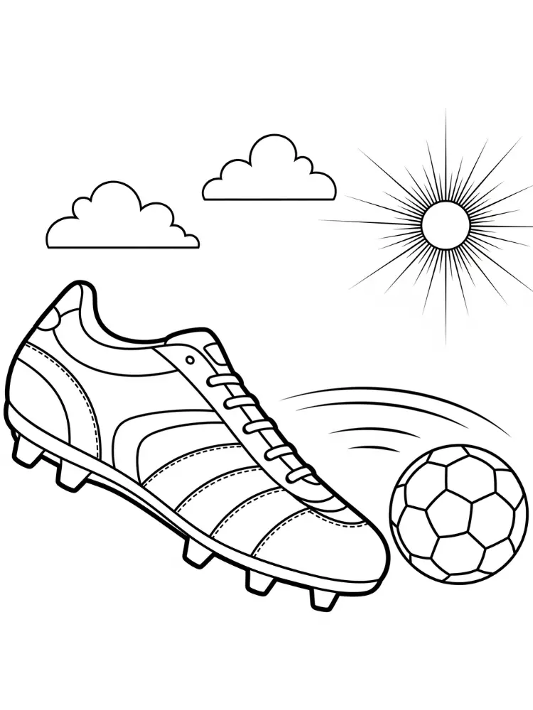 Voetbal kleurplaat 10 voetbalschoen trapt tegen de bal kleurplaat