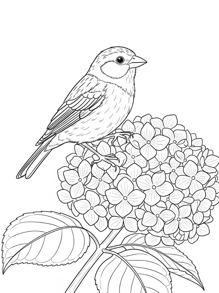 Hortensia Kleurplaat 12 vogel op hortensia kleurplaat