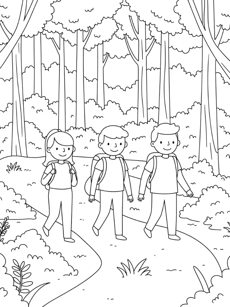 kleurplaat kamperen 8 wandelen in het bos met rugzakken kleurplaat