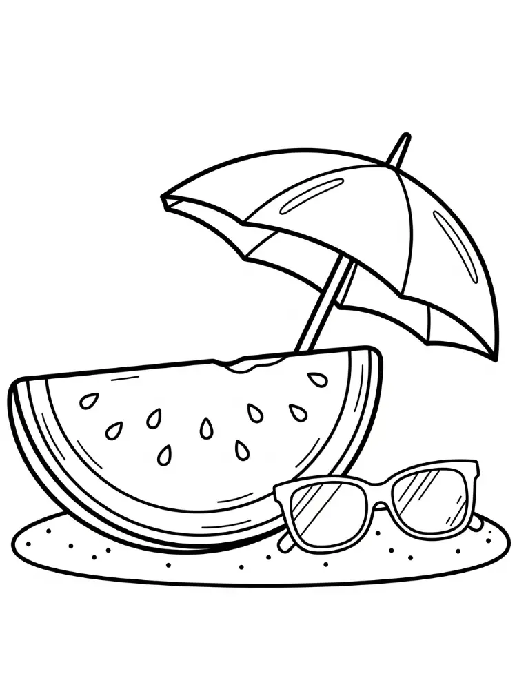 Watermeloen Kleurplaat 15 watermeloen op strand met parasol kleurplaat