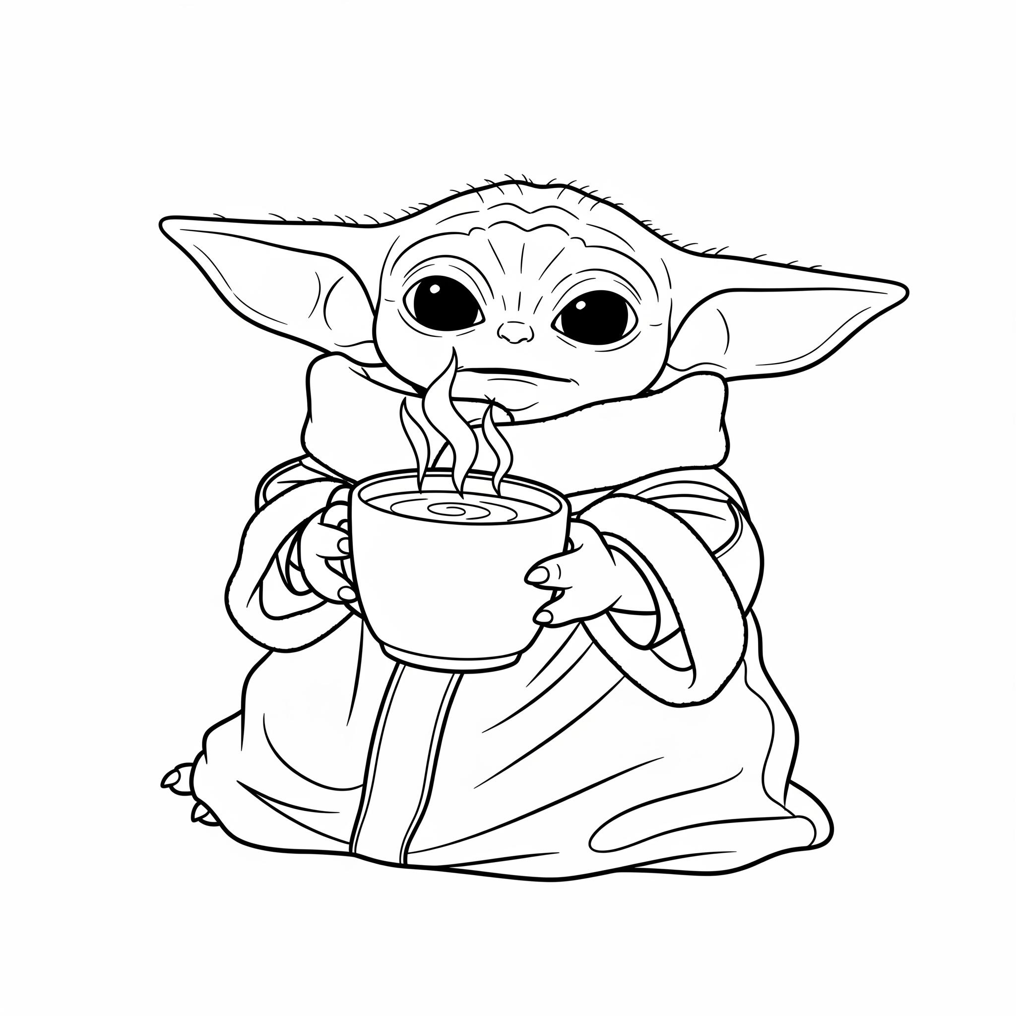 Kleurplaat Baby Yoda 8 baby yoda met warme drank kleurplaat
