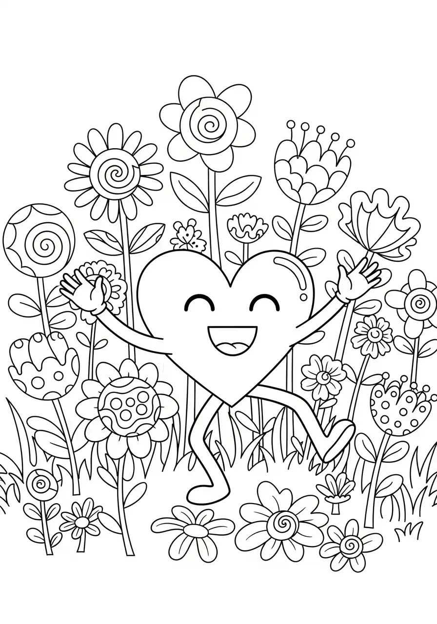 Hart kleurplaat 10 dansend hart bloemenveld kleurplaat