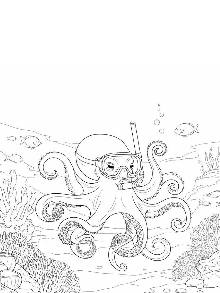 Kleurplaat Octopus 8 duikende octopus in de zee kleurplaat