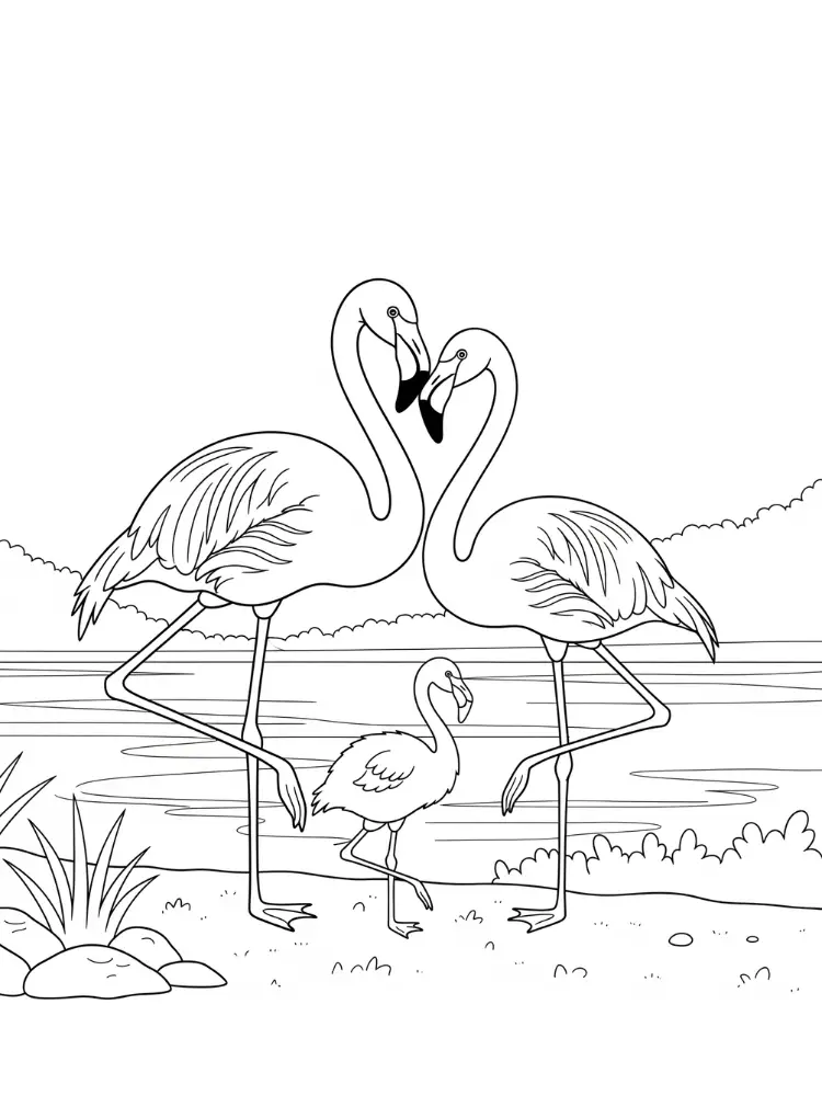 Kleurplaat Flamingo 11 flamingo familie bij de vijver kleurplaat