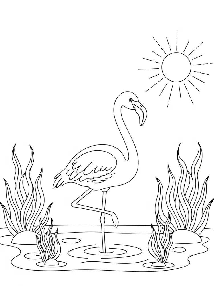 Kleurplaat Flamingo 13 flamingo in het moeras met zon kleurplaat