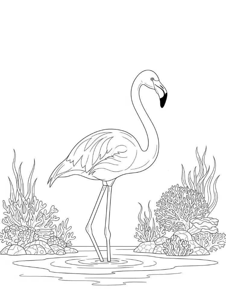 Kleurplaat Flamingo 25 flamingo in ondiep water met koraal kleurplaat