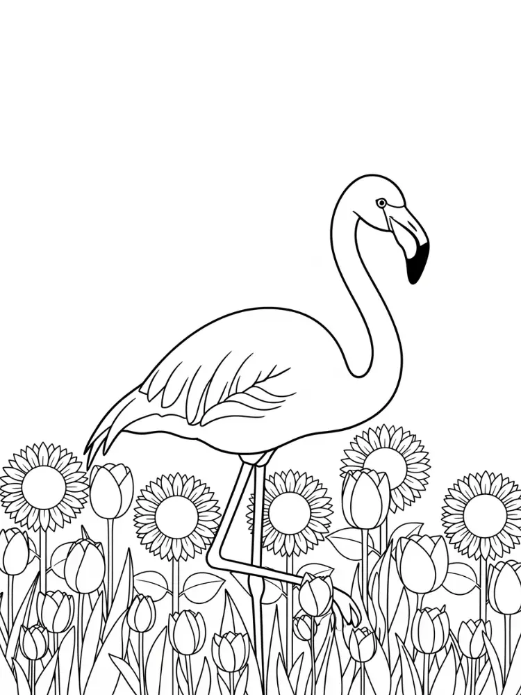 Kleurplaat Flamingo 24 flamingo in veld vol bloemen kleurplaat