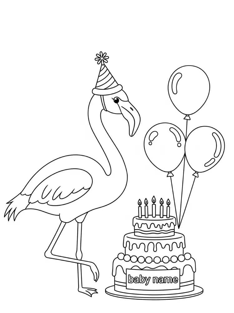 Kleurplaat Flamingo 21 flamingo met verjaardagstaart en ballonnen kleurplaat