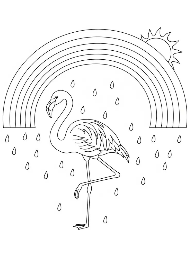 Kleurplaat Flamingo 20 flamingo onder de regenboog kleurplaat