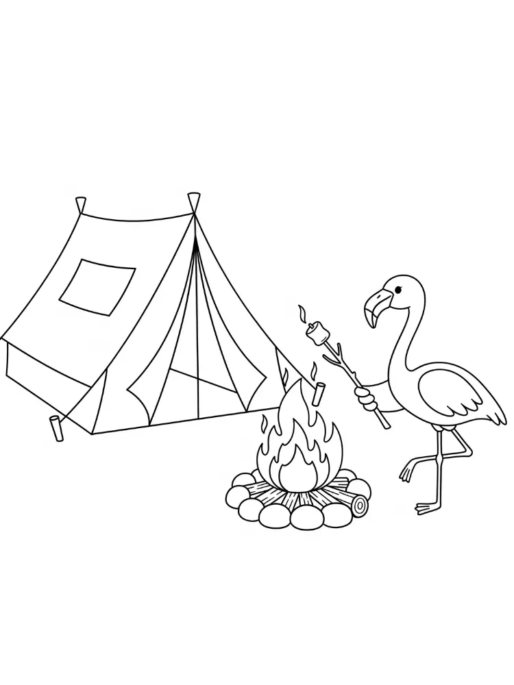 Kleurplaat Flamingo 18 flamingo roost marshmallows bij kampvuur kleurplaat