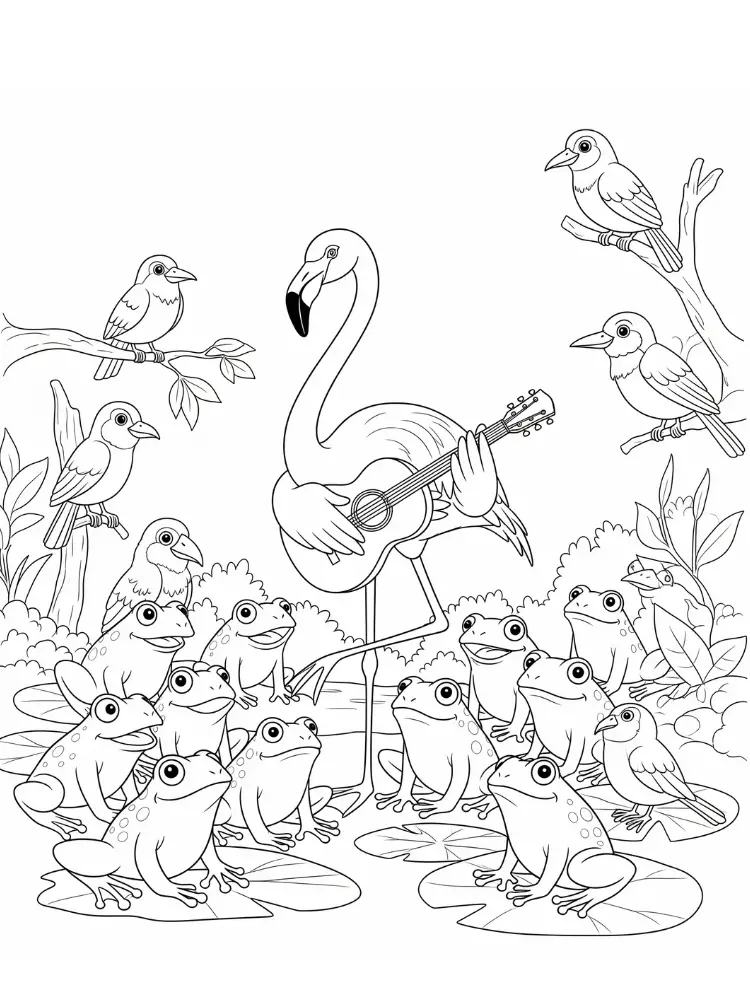 Kleurplaat Flamingo 16 flamingo speelt gitaar voor kikkers en vogels kleurplaat