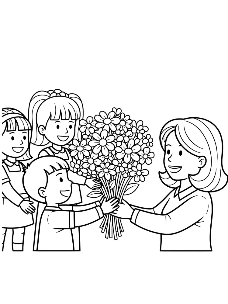 Kleurplaat Juf 12 juf bloemen krijgen kleurplaat