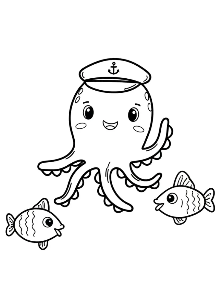 Kleurplaat Octopus 9 kapitein octopus met vissen kleurplaat