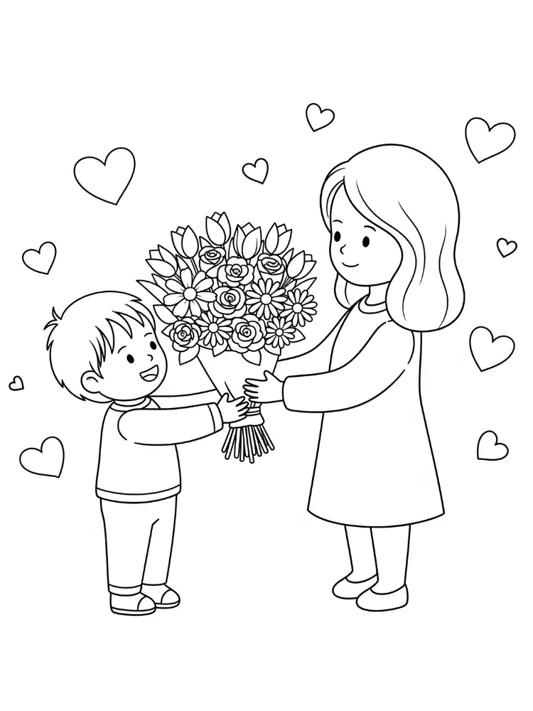 Kleurplaat Verjaardag Mama 25 kind geeft mama bloemen kleurplaat