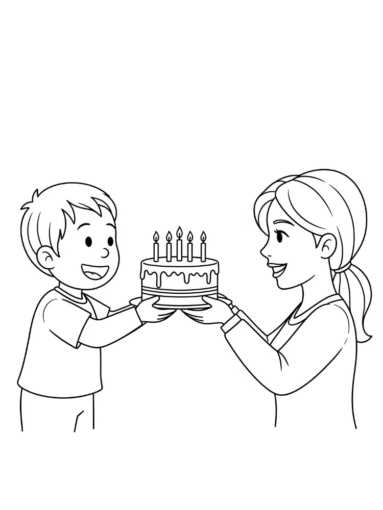 Kleurplaat Verjaardag Mama 24 kind geeft mama taart kleurplaat