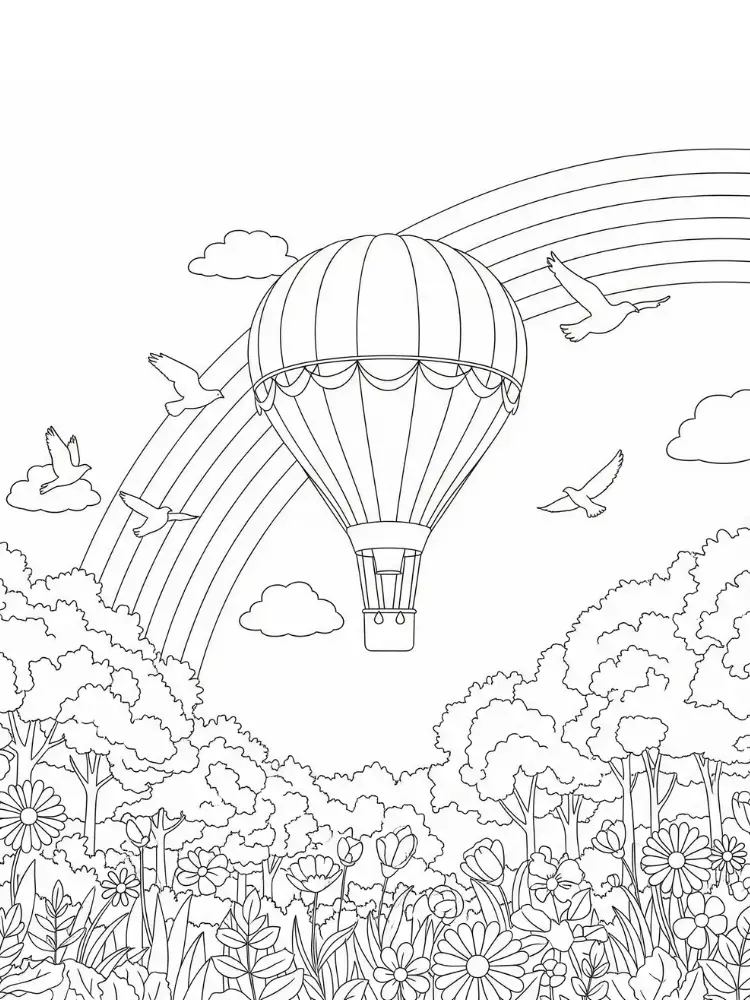 Luchtballon Kleurplaat 18 luchtballon regenboog bos kleurplaat