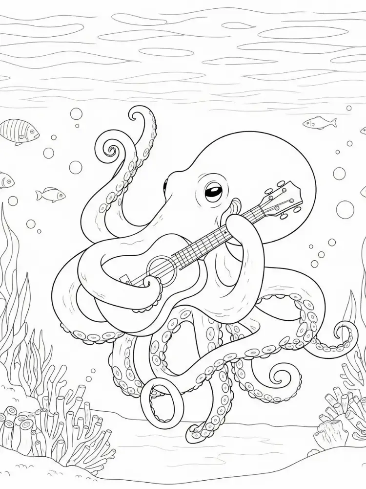 Kleurplaat Octopus 11 muzikale octopus met gitaar kleurplaat