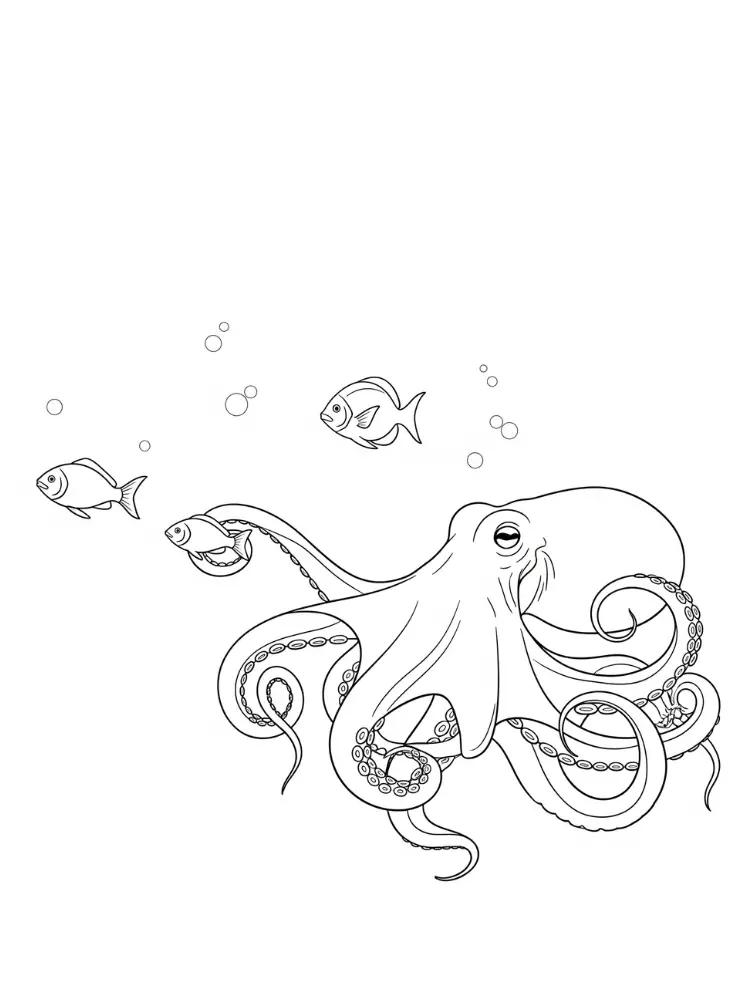 Kleurplaat Octopus 22 octopus met vissen onderwater kleurplaat