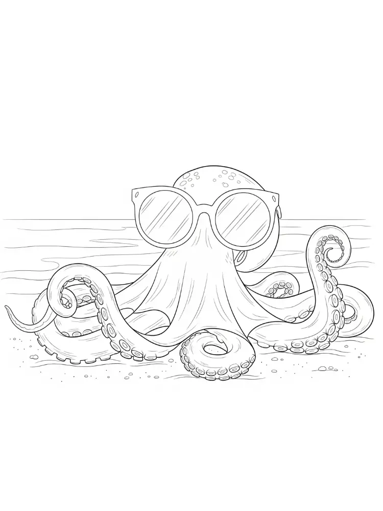Kleurplaat Octopus 21 octopus met zonnebril op het strand kleurplaat