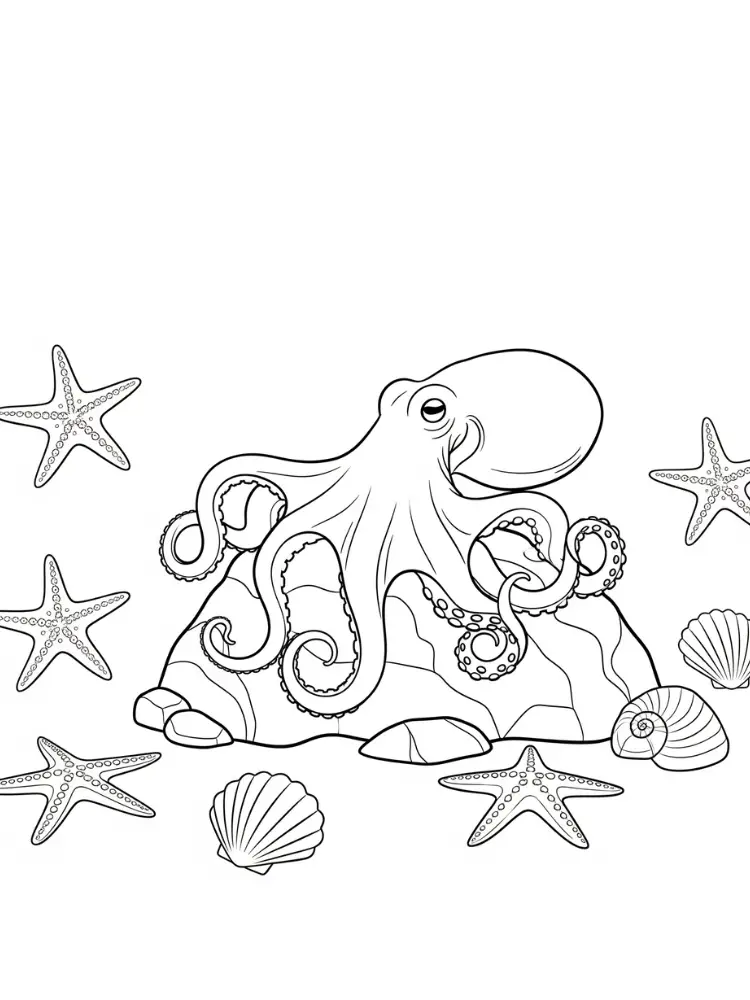 Kleurplaat Octopus 20 octopus op een rots met zeesterren kleurplaat