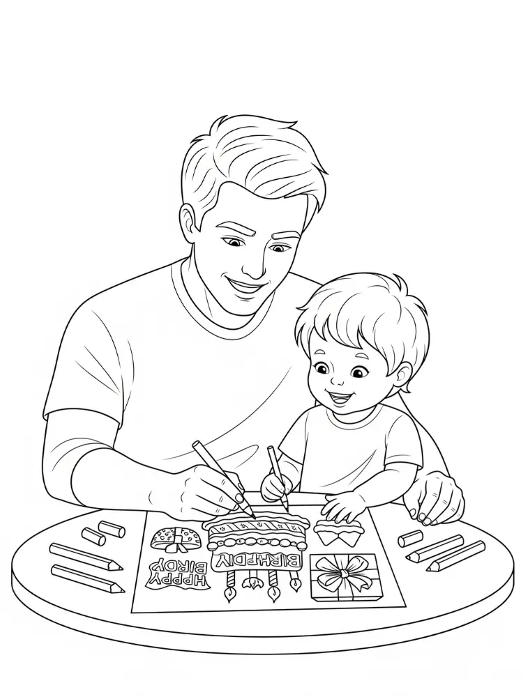 Kleurplaat Verjaardag Papa 19 papa kind fiets feestmuts kleurplaat