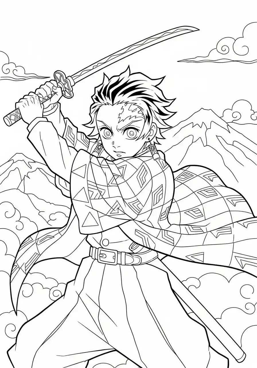 tanjiro strijdt in de bergen kleurplaat