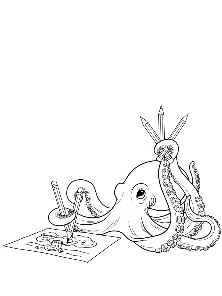 Kleurplaat Octopus 17 tekenende octopus met potloden kleurplaat