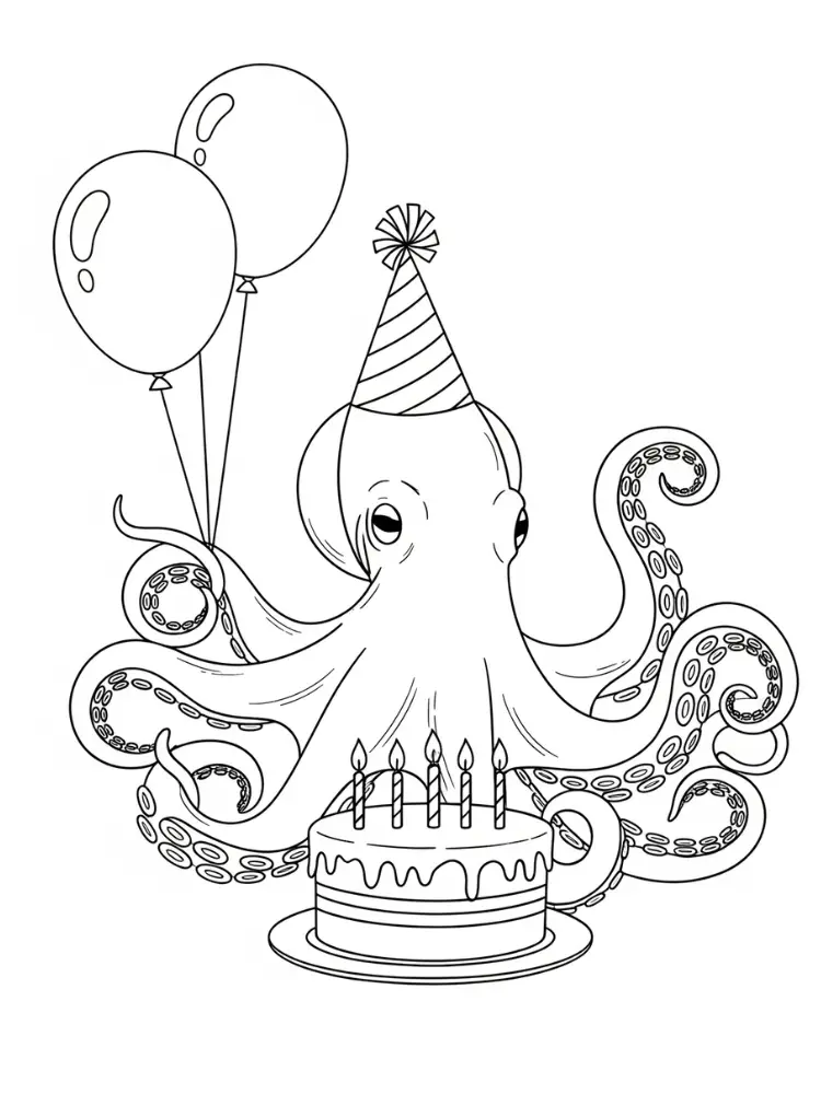 Kleurplaat Octopus 16 verjaardag octopus met taart kleurplaat