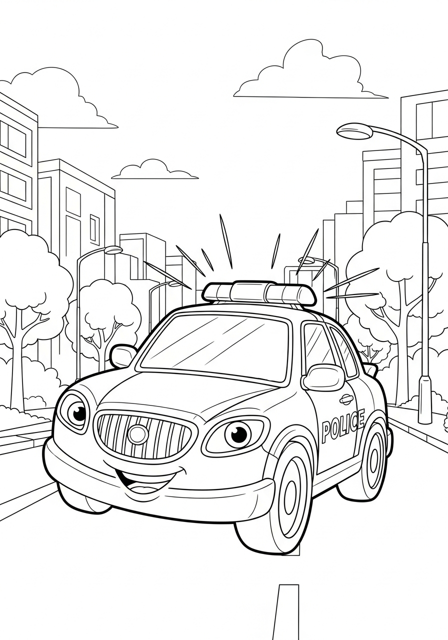 vrolijke politieauto in de stad kleurplaat