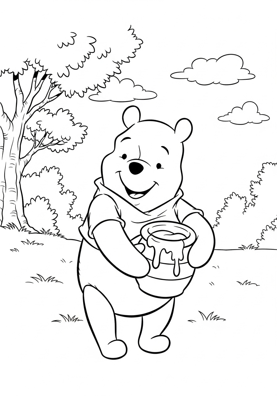 Kleurplaat Winnie the Pooh 8 winnie met honingpot in het bos kleurplaat