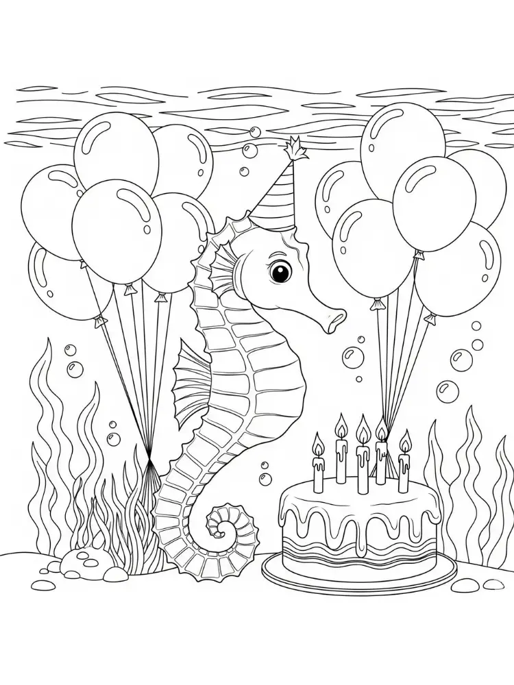kleurplaat Zeepaardjes 17 zeepaardje verjaardag ballonnen taart kleurplaat