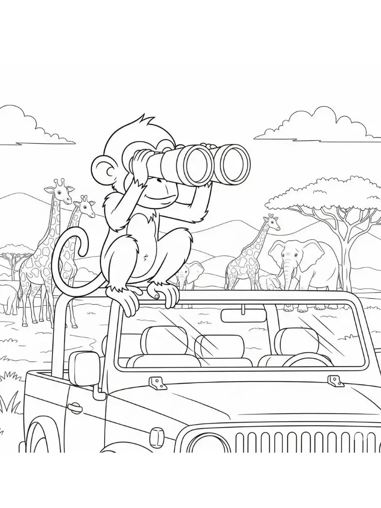 Kleurplaat Aap 9 aap op safari met verrekijker kleurplaat