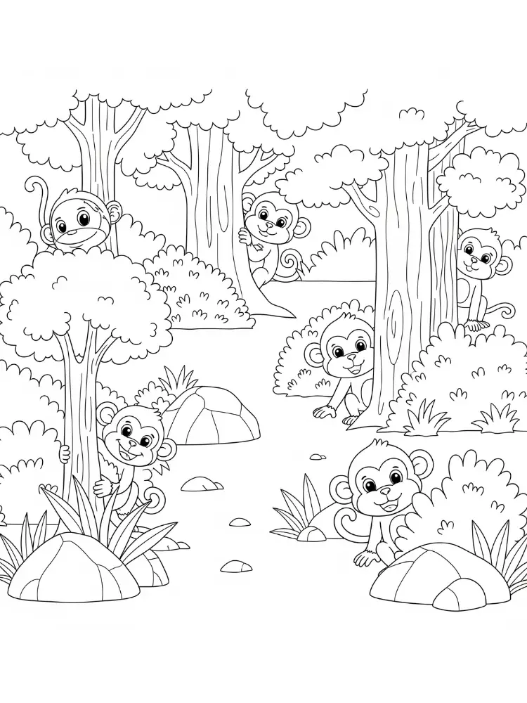 Kleurplaat Aap 8 aapjes spelen verstoppertje kleurplaat