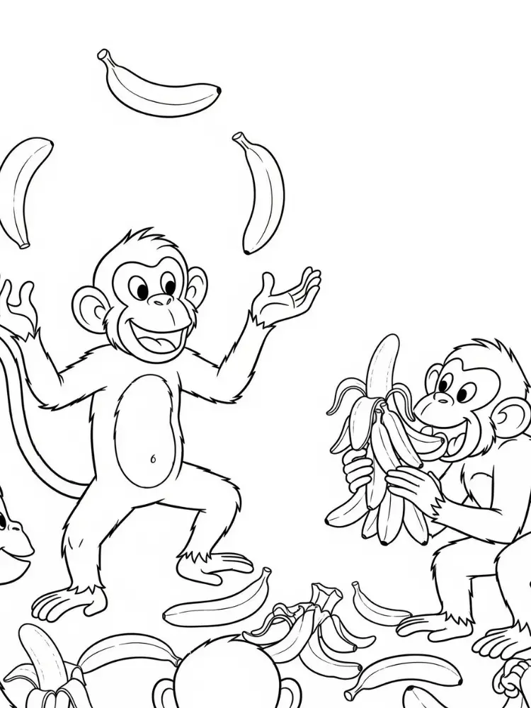 Kleurplaat Aap 10 apen met bananen feest kleurplaat
